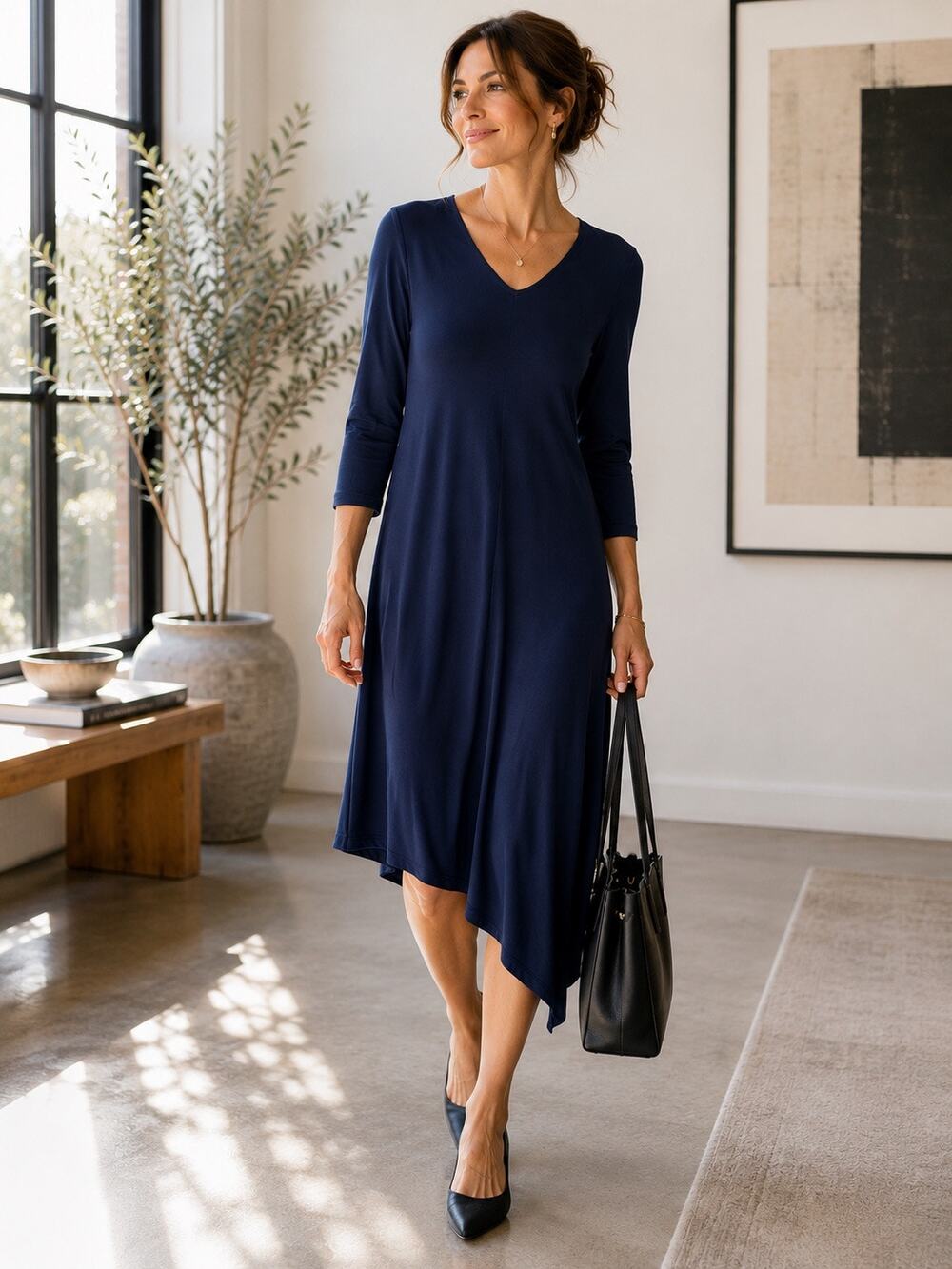 Eileen Fisher Navy Viscose Jersey Midi Dress XS Asymmetrical Hem Quiet Luxury